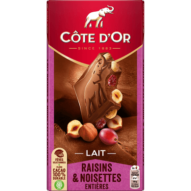 Chocolat au lait noisettes entières raisins - 180gr COTE D'OR